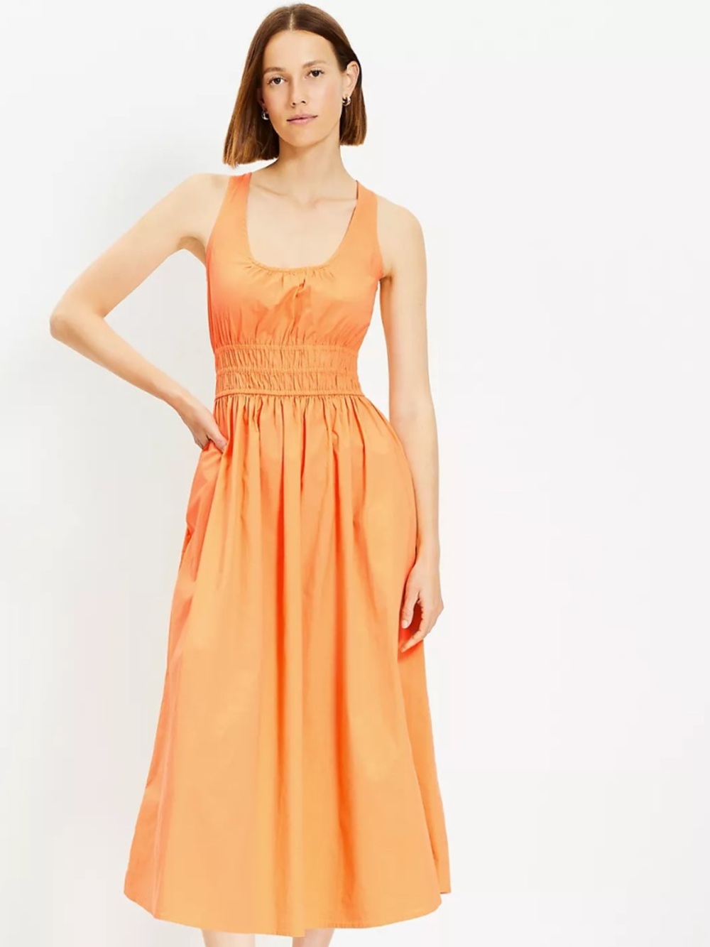 Loft smocked tank midi dress tangerine orange NWOT - Picture 2 of 7